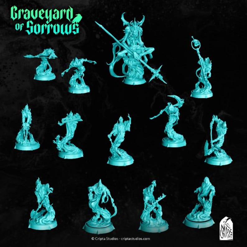 May include: A selection of teal miniature figurines, likely for tabletop gaming. The figures represent various fantasy characters in dynamic poses, some wielding weapons. The text "Graveyard of Sorrows" is at the top. The background is black.