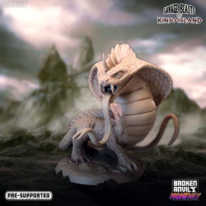 May include: A 3D printed miniature of a cobra-like creature with a large, open mouth and a long, forked tongue. The creature has a scaly body and a large, hooded head. The miniature is painted in a light gray color and is pre-supported for easy printing. The miniature is part of the Savage Beasts of Kinjo Island collection.