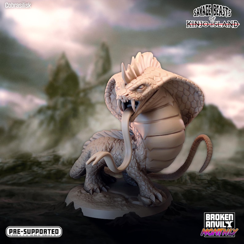 May include: A 3D printed miniature of a cobra-like creature with a large, open mouth and a long, forked tongue. The creature has a scaly body and a large, hooded head. The miniature is painted in a light gray color and is pre-supported for easy printing. The miniature is part of the Savage Beasts of Kinjo Island collection.