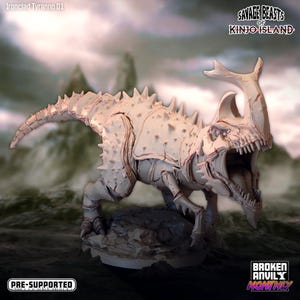 May include: A detailed, pre-supported miniature of a white, armored dinosaur with a large horn on its head. The dinosaur is posed in a roaring position with its mouth open. The miniature is part of the "Savage Beasts of Kinjo Island" collection.