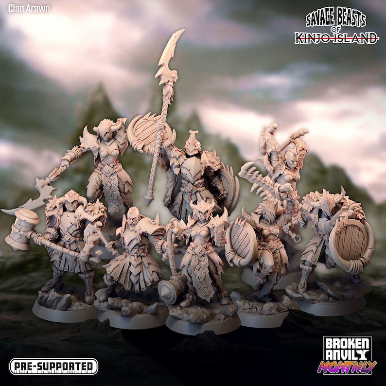 May include: A set of eight unpainted miniature figures of warriors, each with a unique pose and weapon. The figures are made of a light gray plastic and are pre-supported for easy printing. The figures are part of the Savage Beasts of Kinjo Island line.