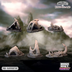 May include: Six 3D printed miniature terrain pieces for tabletop games. The pieces are made of a light gray plastic and feature various rock formations, including a cave, a tower, and a skull-like structure. The pieces are pre-supported and ready to be painted.