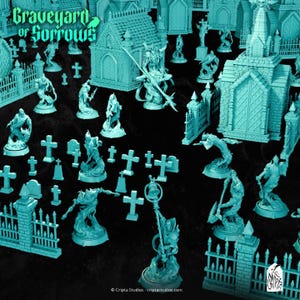 May include: A collection of teal-colored miniature graveyard figurines, including tombstones, statues, and buildings. The text "Graveyard of Sorrows" is visible at the top. The scene is set against a dark background, creating a dramatic effect.