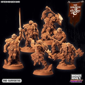 May include: Six unpainted miniature figures of orcs, each with a different pose and weapon. The figures are standing on circular bases. The text "Clan Kor'desh of Fellcrest" is visible in the background.