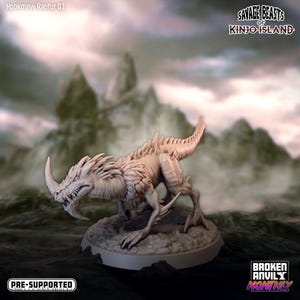 May include: A pre-supported, unpainted, white plastic miniature of a Hookmaw Raptor, a creature from the Savage Beasts of Kinjo Island game. The miniature is posed in a running stance with its mouth open and teeth bared.