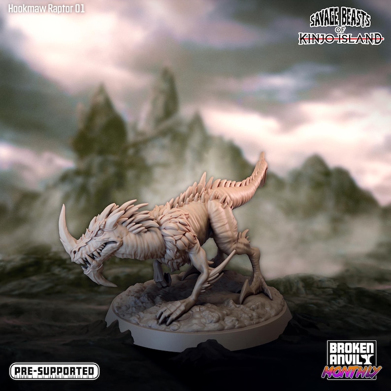 May include: A pre-supported, unpainted, white plastic miniature of a Hookmaw Raptor, a creature from the Savage Beasts of Kinjo Island game. The miniature is posed in a running stance with its mouth open and teeth bared.