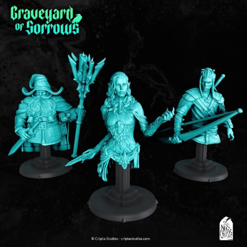 May include: Three teal fantasy character busts on black bases. The busts depict a wizard with a staff and sword, an elf with a bow, and a female figure with a sword. The text "Graveyard of Sorrows" is at the top.