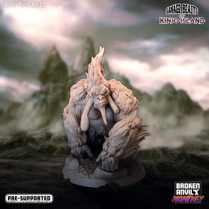 May include: A detailed miniature of a woolly prime ape, a creature with a large, furry body, long tusks, and a fierce expression. The miniature is painted in a light gray color and is posed in a crouching position. The miniature is part of a set of miniatures called "Savage Beasts of Kinjo Island".