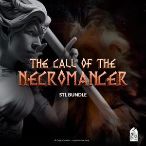 May include: A grey monochrome 3D character figurine holding a staff, featuring the text THE CALL OF THE NECROMANCER STL BUNDLE in orange 3D lettering. The background displays a dark, smoky, and fiery visual effect with a small white logo at the bottom.