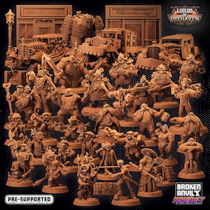 May include: A collection of 3D printed miniature figures, painted in brown, depicting characters from the Lords of Loxhaven tabletop game. The figures are posed in various action poses, holding weapons and tools. The figures are set against a backdrop of a city street scene with buildings and vehicles.