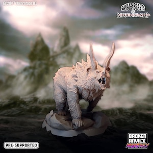 May include: A white, pre-supported miniature of a bear-like creature with horns and a fierce expression. The miniature is standing on a rocky base and is part of the "Savage Beasts of Kinjo Island" collection.