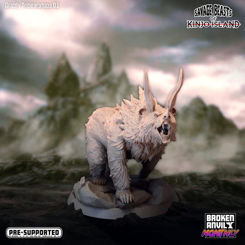 May include: A white, pre-supported miniature of a bear-like creature with horns and a fierce expression. The miniature is standing on a rocky base and is part of the "Savage Beasts of Kinjo Island" collection.