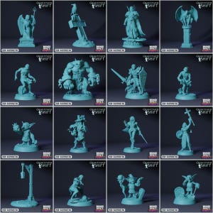 Puede incluir: Un conjunto de 12 figuras en miniatura pre-soportadas para juegos de rol de mesa. Las figuras están hechas de plástico azul claro y presentan una variedad de criaturas y personajes de fantasía, incluyendo un goblin, una gárgola, un mago y un caballero. Las figuras están todas pre-soportadas, lo que significa que están listas para ser impresas en una impresora 3D sin necesidad de soportes adicionales.