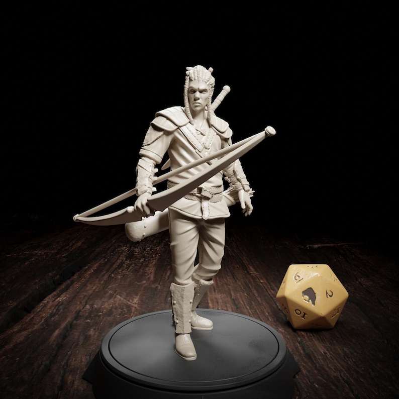 May include: An off-white figurine of an archer holding a bow, with a quiver and sword. The figure stands on a black circular base. A large, yellow twenty-sided die is next to the figure. The background is dark.