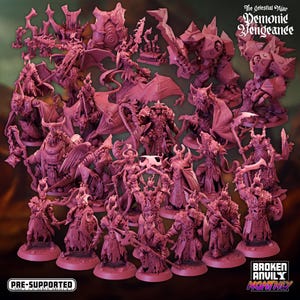 May include: A set of 18 pre-supported 3D printed miniatures for tabletop gaming. The miniatures are painted in a vibrant pink color and depict various demonic figures, including a winged demon, a demon with a sword, and a demon with a staff. The miniatures are part of the "The Celestial War: Demonic Vengeance" set.