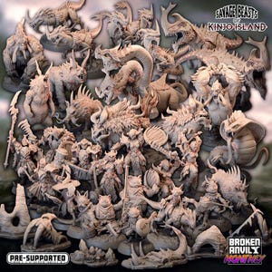 May include: A collection of 3D printed miniature figures of fantastical creatures, including a dragon, a snake, a cat, and a variety of other beasts. The miniatures are pre-supported and ready to be printed. The image also includes the text "Savage Beasts of Kinjo Island".