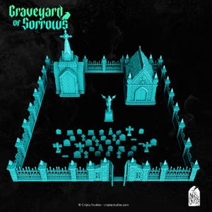 May include: A teal miniature graveyard diorama featuring a church, mausoleum, and fence. The scene includes an angel statue, tombstones, and the text "Graveyard of Sorrows".