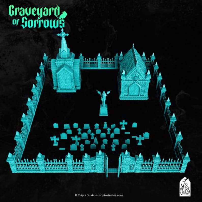 May include: A teal miniature graveyard diorama featuring a church, mausoleum, and fence. The scene includes an angel statue, tombstones, and the text "Graveyard of Sorrows".