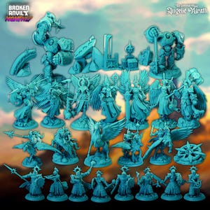 May include: A set of 20 teal-colored miniature figurines depicting angels, knights, and a winged horse. The figurines are part of a tabletop game called "Angelic Wrath" and are made by Broken Anvil Miniatures.