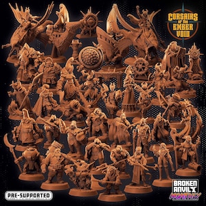 May include: A collection of 3D printed miniature figures, pre-supported and ready to be painted. The figures are in a variety of poses and are all wearing armor and carrying weapons. The figures are from the game "Corsairs of the Ember Void".