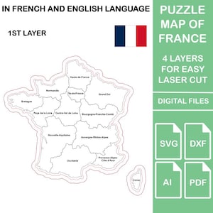 ベクターフランスパズルマップ - レーザーカットファイル、レーザーカットと彫刻のためのSVG DXF pdf AI、carte de Franceデザイン