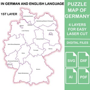 Lasergesneden bestanden, vectorbestanden, Duitsland puzzelkaart, svg dxf pdf ai, Europa, bestand voor lasersnijden, lasersnijden, lasergravure