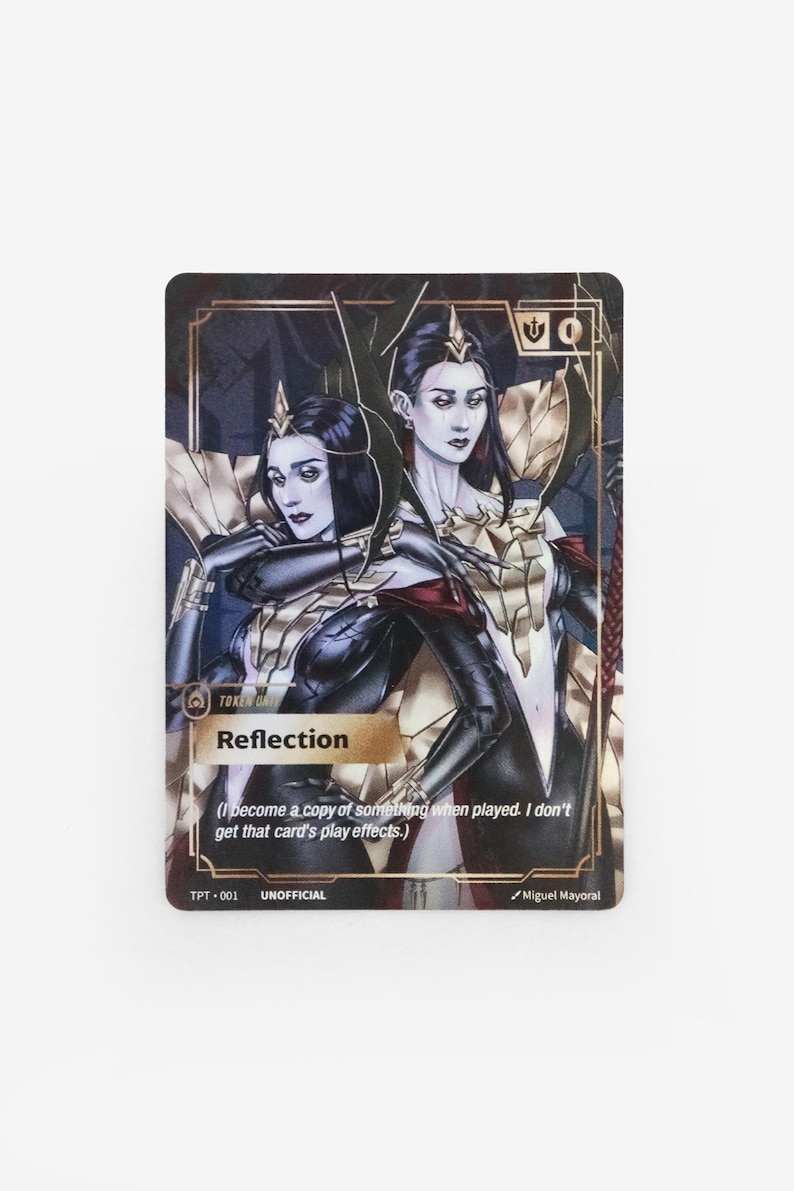 Holographic LeBlanc Reflection proxy token card for Riftbound TCG with printed reminder text