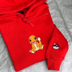 Anime Poke Character, Poke Charmander Embroidered Sweatshirt, Embroidery Sweatshirt, Poke Hoodies, Customized Sweatshirt, Gift for friend