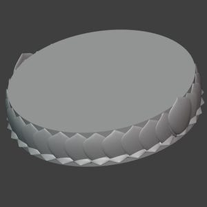 May include: A gray, oval-shaped object with a textured, petal-like border. The top surface is smooth and flat. The object is a light gray color and appears to be made of a solid material.