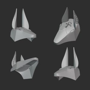 May include: Four views of a gray Anubis mask, a stylized representation of the ancient Egyptian god. The mask features tall, pointed ears and a canine-like snout. One mask has an Ankh symbol. The design is geometric and angular.