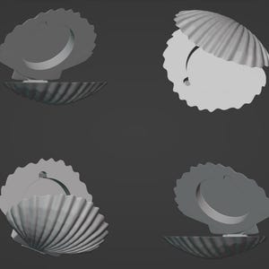May include: Four gray seashell-shaped objects, each with a scalloped edge and a circular cutout. Two shells are open, revealing the interior, while the other two are partially open. The objects are set against a dark gray background.