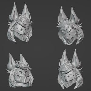 Puede incluir: Cuatro cabezas de personajes grises impresas en 3D con dientes afilados, cabello estilizado y orejas puntiagudas. El personaje tiene una amplia sonrisa y ojos grandes. Las cabezas están dispuestas en un patrón cuadrado sobre un fondo gris.