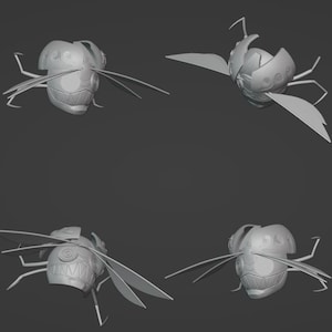 Puede incluir: Cuatro vistas de un modelo de insecto renderizado en 3D. El insecto tiene un cuerpo segmentado, alas grandes y múltiples patas. El modelo es de color gris claro y parece estar hecho de metal o un material similar. La cabeza del insecto tiene un diseño detallado.