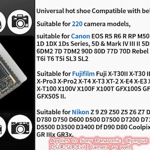 May include: A small, rectangular electronic device with a circuit board, designed for use with various camera models. The text on the image indicates compatibility with Canon, Fujifilm, and Nikon cameras, among others.