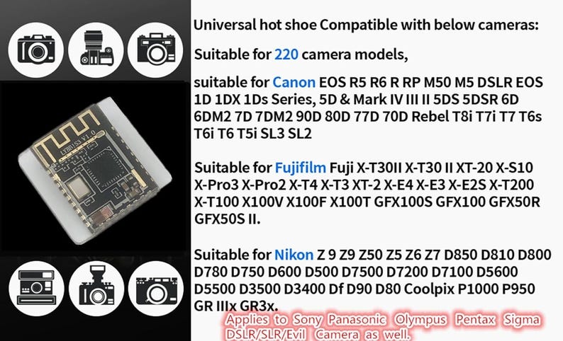 May include: A small, rectangular electronic device with a circuit board, designed for use with various camera models. The text on the image indicates compatibility with Canon, Fujifilm, and Nikon cameras, among others.