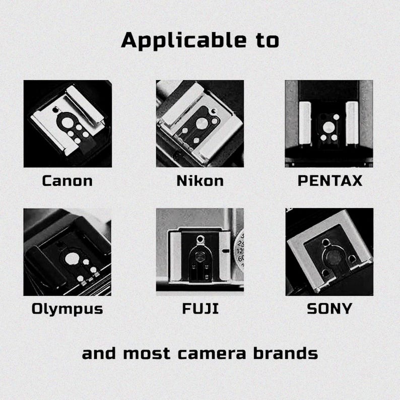 May include: Image showing six camera flash hot shoe adapters for Canon, Nikon, Pentax, Olympus, Fuji, and Sony cameras. The text "Applicable to" and "and most camera brands" are also displayed.