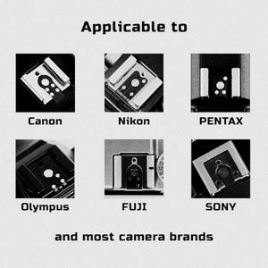 May include: Image showing six camera flash hot shoe adapters for Canon, Nikon, Pentax, Olympus, Fuji, and Sony cameras. The text "Applicable to" and "and most camera brands" are also displayed.