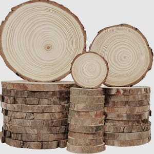 May include: A collection of round, unfinished wood slices of varying diameters, stacked in three columns. Each slice features a light-coloured, smooth top surface displaying visible tree rings and a rough, dark brown bark edge around the circumference.