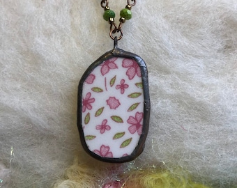 Broken China Pendant Necklace Tiny Pink Flowers Piece of Recycled China with Glass Beaded Chain