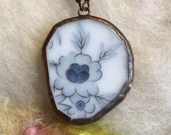 Broken China Pendant Necklace Blue Flowers Rainbow Chain Lovely Piece of Recycled China with Glass Beaded Chain