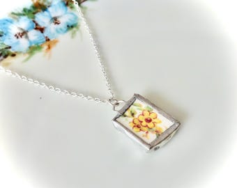 Broken China Pendant Necklace Tiny Yellow Flower