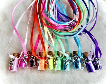 Fairy Birthday Party Favors, Tiny Rainbow Glitter Ribbon 10 Necklaces