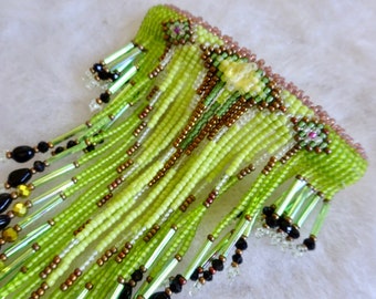 Hair Clip Long Fringe Design Glass Seed Beads Indian Bead Stitch Boho Hippie Beaded Barrette Vegan Long Hair Accessory Green Black