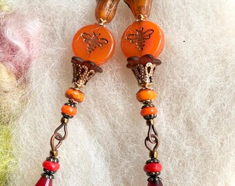 Bead Dangle Earrings Czech Little Orange Bee Bead