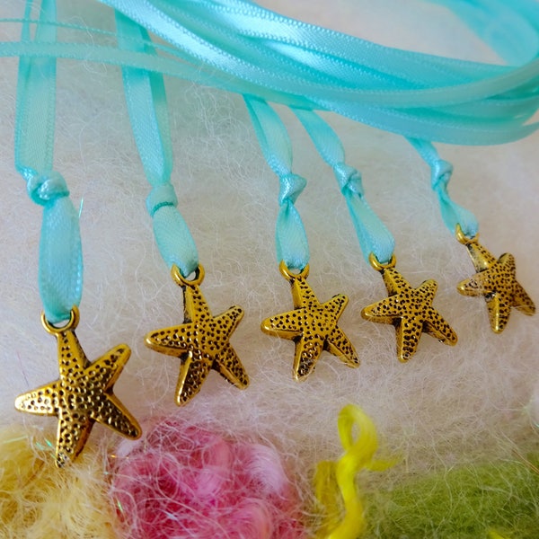 Friendship Necklace 5 Golden Sea Star Party Favor Satin Ribbon Tiny Memento Mermaid Birthday Thank You Bridal Remembrance Appreciation