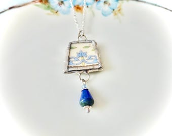 Broken China Pendant Necklace Blue Filigree