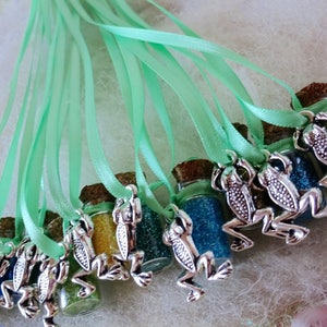 May include: A group of small glass bottles with cork tops and silver frog charms. Each bottle is filled with colorful glitter and attached to a light green ribbon.