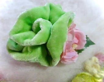 Velvet Rose Hair Clip with Bright Lime Green