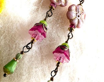 Bead Dangle Earrings Czech Pink Pansy Flower
