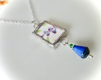 Broken China Pendant Necklace Purple Blossom